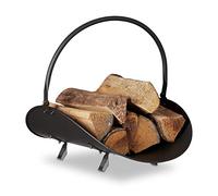 Relaxdays Cesta para Leña Moderna con Asa, Canasto Chimenea, Almacenaje Madera y Transporte, Acero, 40x38x48 cm, Negro