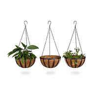 Relaxdays Cestas Colgantes, 3 Piezas, Coco, Volumen 21 litros, con Cadena, diámetro 30 cm, marrón