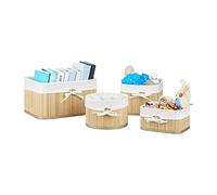Relaxdays Cestas de Almacenaje de Bambú, Set de 4, Caja para Estantería y Armario, Cestitas Baño, 4 Tamaños, Natural