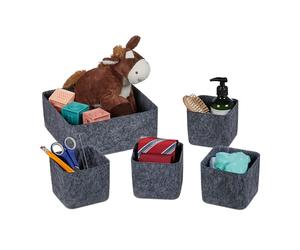 Relaxdays Cestas de Almacenaje para Organizar Cajones, Set de 5 Cajas para Armarios, Estantes, Fieltro, 2 Tamaños, Gris