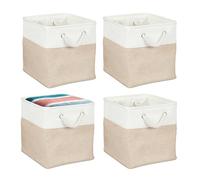 Relaxdays Cestas de Almacenaje, Set 4, Lino, con Asas, Ropa, Juguetes, 28x28x28 cm, Cestitas Estantería, Beige/Blanco