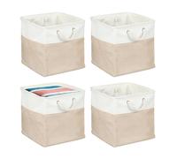 Relaxdays Cestas de Almacenaje, Set 4, Lino, con Asas, Ropa, Juguetes, 33x33x33 cm, Cestitas Estantería, Beige/Blanco