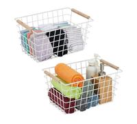 Relaxdays Cestas Metálicas de Rejilla, Set de 2, Asas de Madera, 16x31x21 cm, Cuadradas, para Baño y Cocina, Blanco