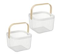 Relaxdays Cestas Metálicas de Rejilla, Set de 2, Metal y Bambú, Caja de Almacenamiento con Asa, 17,5x26x24,5 cm, Blanco