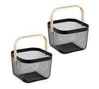 Relaxdays Cestas Metálicas de Rejilla, Set de 2, Metal y Bambú, Caja de Almacenamiento con Asa, 17,5x26x24,5 cm, Negro