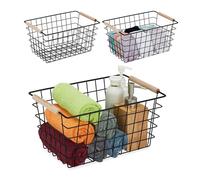 Relaxdays Cestas Metálicas de Rejilla, Set de 3, Asas de Madera, 16 x 31 x 21 cm, Cuadradas, Baño y Cocina, Negro
