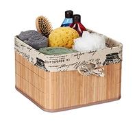 Relaxdays Cesto Almacenamiento Bambú y Poliéster 20x31x31 cm, Cesta con Asa Metálica, Caja Estantería, Natural y Crema