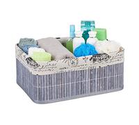 Relaxdays Cesto Almacenamiento, Funda Tela Diseño Retro, Bambú, Rectangular, Cesta Estante Baño, 16,5x38x28,5 cm, Gris