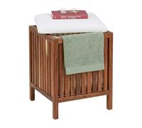 Relaxdays cesto con asiento y almacenaje para baño, marrón/blanco | Cesto para la ropa de 50 l, (Al x An x Fon) 50 x 40 x 40 cm (alto x ancho x fondo), madera de acacia, tela