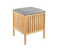Relaxdays cesto de Ropa con Asiento de bambú, Tapa Acolchada, Taburete de baño con almacenaje, 52x39x39 cm, Natural/Gris
