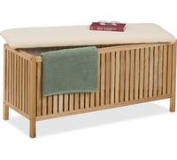 Relaxdays: Cesto de ropa con asiento, taburete de baño con espacio de almacenamiento, colector de ropa de 100 litros, dimensiones: 50 x 100 x 38 cm, material: madera/tela, color: natural/blanco