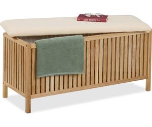Relaxdays: Cesto de ropa con asiento, taburete de baño con espacio de almacenamiento, colector de ropa de 100 litros, dimensiones: 50 x 100 x 38 cm, material: madera/tela, color: natural/blanco