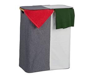 Relaxdays Cesto Organizador Ropa Sucia 110 l con Tapa, Fácil Transportar, Bambú, Poliéster, 65.5x54x33,5cm, Gris/Blanco