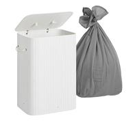 Relaxdays cesto para ropa con tapa, 2 compartimentos, bambú, 105 L, plegable, 63×52×32 cm, blanco