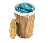 Relaxdays Cesto para ropas sucias de bambú, Redondo, Plegable, Estrecho, Con tapa, Capacidad 80 L, Diámetro 41 cm, Natural