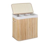 Relaxdays Cesto Ropa Sucia, 3 Compartimentos, con Tapa, Cesta Colada Rectangular, 62x62,5x42,5 cm, Bambú, Natural/Blanco