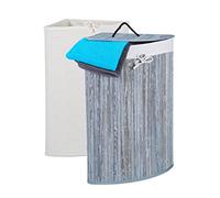 Relaxdays Cesto Ropa Sucia Bambú, Cubo Lavandería con Tapa, Plegable, 60 L, 2 Bolsas, 66x49,5x37 cm, Gris