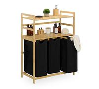Estante para cesto de ropa Relaxdays con 2 estantes, 3 compartimentos extraíbles para ropa, dimensiones: 105 x 80 x 40 cm, estante para ropa, color natural/