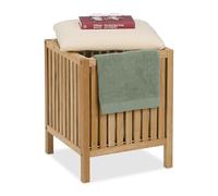 Relaxdays Cesto Ropa Sucia con Asiento, Tabuerete Almacenaje Colada, 30 L, 51 x 38 x 38 cm, Madera, Tela, Natural/Blanco