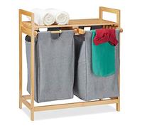 Relaxdays Cesto Ropa Sucia con Estante, 2 Compartimentos de 30 L, Cesta Colada Bambú Extraíble 73x64x33 cm, Natural/Gris