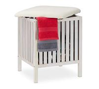 Relaxdays Cesto Ropa Sucia con Taburete, Banco Baño Rústico, Almacenaje Madera y Tela, 40l, 53 x 41 x 41 cm, Blanco
