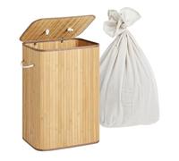 Relaxdays cesto Ropa Sucia con Tapa, bambú, Plegable, 80 L, 60x40x30 cm, Natural