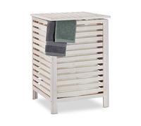 Relaxdays Cesto Ropa Sucia Hecho de Madera de Nogal con Tapa, Cubo Colada con Saco Lavable 52 l, 65,5x45x45 cm, Blanco