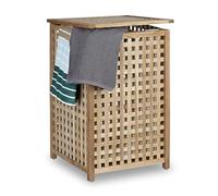 Relaxdays Cesto Ropa Sucia Madera Nogal, Cesta Colada Tapa, 67,5x45,7x45,7 cm, Bolsa de Lino, 75 litros, Marrón Natural