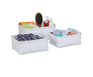Relaxdays Cestos Almacenaje Set 3, Cajitas 3 Tamaños, Tejidas, Cesta Baño, Cajas Decorativas Plástico, Color Blanco