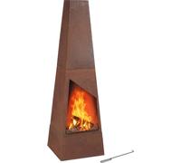 Relaxdays Chimenea Exterior Acero Corten, Caja Cenizas, Rejilla, Atizador, Brasero Jardín Oxidado, 149x45x45 cm, Marrón