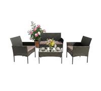 Relaxdays, Conjunto de jardín 4 Piezas, ratán para 4 Personas: sofá, 2 sillones & Mesa de Cristal, Exterior, Negro