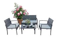 Relaxdays, Conjunto de jardín 4 pzas, ratán para 4 Personas, Banco, 2 sillas y Mesa de Cristal, Exterior, Gris