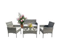 Relaxdays Conjunto jardín para 4, 4 Piezas, Efecto ratán, sofá 2 pl., 2 sillones, Mesa de Cristal, Exterior, Gris