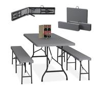 Relaxdays Conjunto Jardín Plegable, 3 Piezas, Mesa de Exterior, 2 Bancos de Patio, Camping o Recepción, 180 cm, Gris