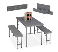 Relaxdays Conjunto Jardín Plegable, 3 Piezas, Mesa de Exterior, 2 Bancos Patio, Camping o Recepción, Efecto Ratán, Gris