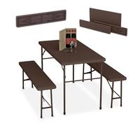 Relaxdays Conjunto Jardín Plegable, 3 Piezas, Mesa de Exterior, 2 Bancos Patio, Camping, Recepción, Efecto Ratán, Marrón