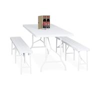 Relaxdays Conjunto Jardín Portátil, 3 Piezas, Mesa Recepción, 2 Bancos Plegables, Exterior, Efecto Madera, Blanco