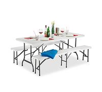 Relaxdays Conjunto Mesa y Bancos Jardín Plegables, Plástico, Blanco, 74 x 180 x 74.5 cm