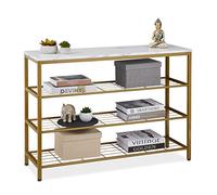 Relaxdays Consola Recibidor Efecto Mármol, 70x101x30 cm, 4 Baldas, Mesa Entrada, Pasillo, Metal y MDF, Dorado y Blanco