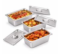 Relaxdays Cubetas Gastronorm GN 1/4 con Tapa Set de 3, Plata | Recipientes de Cocina y Catering, Acero Inoxidable, 10 x 26,5 x 16,2 cm
