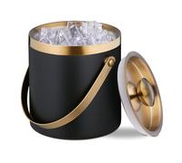 Relaxdays Cubitera Acero Inoxidable, Tapa, Doble Pared, Cubo Hielo con Asa, 1,5 l, Cubeta Botellas, Negro/Dorado