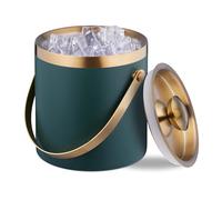Relaxdays Cubitera Acero Inoxidable, Tapa, Doble Pared, Cubo Hielo con Asa, 1,5 l, Cubeta Botellas, Verde/Dorado