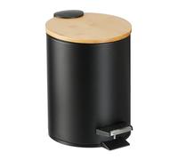 Relaxdays Cubo de Basura Baño 3 litros, Papelera WC, Tapa de Bambú, Cierre Soft Close, Bote Interior Extraíble, Negro