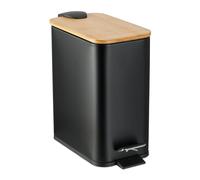 Relaxdays Cubo de Basura Baño 5 L, Rectangular, Papelera con Pedal, Tapa Bambú, Bote Interior Extraíble, Metal, Negro