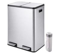 Relaxdays, cubo de basura con 2 compartimentos, 2 x 30 litros, cubetas interiores extraíbles, sistema de cierre suave, pedal, acero inoxidable, cubo de basura con pedal para la cocina, color plateado