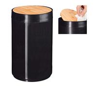Relaxdays Cubo de Basura para baño, Tapa oscilante, Moderno, Bambú & Plástico, 5,5L, 26,5 x 18 cm, 1 Ud., Negro
