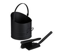 Relaxdays Cubo de Cenizas con Asa de Transporte, Incluye Recogedor y Escoba, Contenedor de Hierro para Carbón, Negro