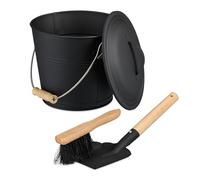 Relaxdays Cubo para Cenizas con Tapa y Set, 4,5 L, Incluye Cepillo y Recogedor, Contenedor de Carbón con Asa, Negro