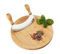 Relaxdays Cuchillo Media Luna con Tabla Bambú, Tajadera de Hierbas, Cuchilla Queso Acero INOX., Ø25cm, Natural/Plata