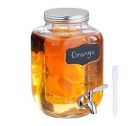 Relaxdays Dispensador Bebidas, Accesorio para Fruta, Recipiente Limonada 4 L, Grifo y Tapa, Cristal, Metal, Transparente